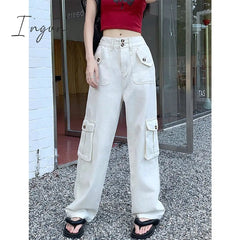 Ingvn - Cargo Pants for Women 2023 New High Waisted Pockets Korean Baggy Wide Leg Pants Streetwear Casual Full Length Pants
