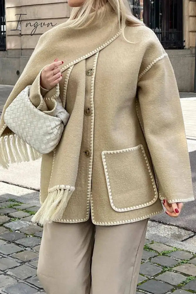 Ingvn - Casual British Style Solid Tassel Contrast Scarf Collar Outerwear