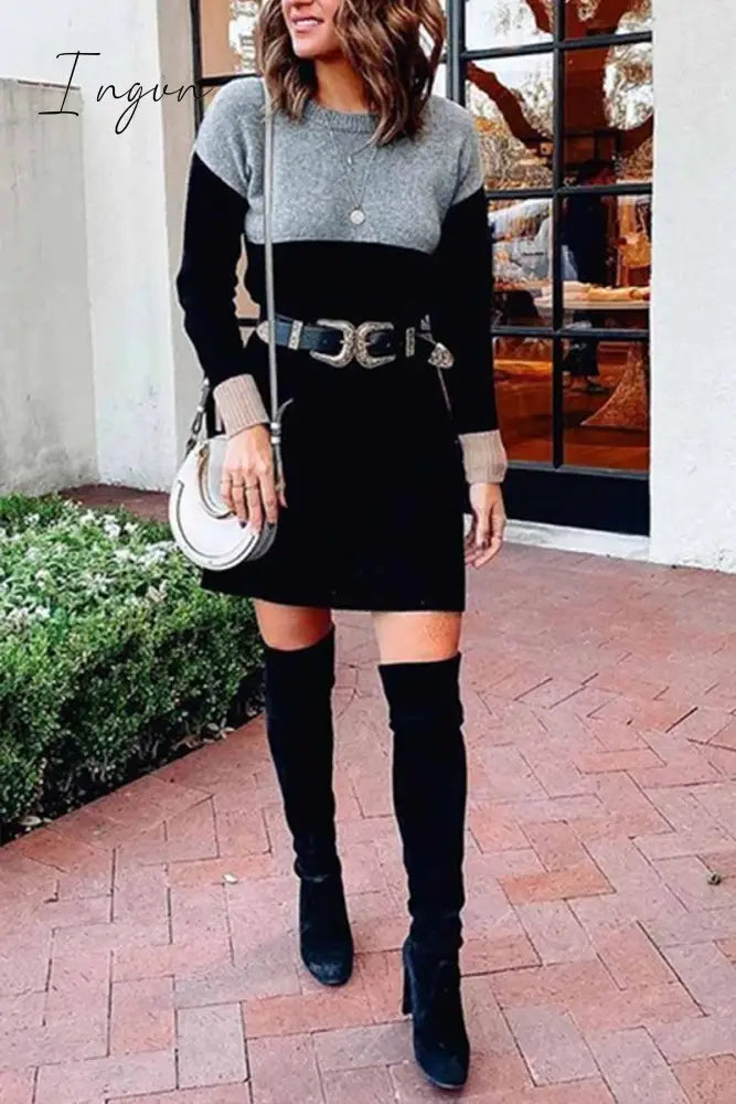 Ingvn - Loose Round Neck Paneled Mini Dress(5 Colors)