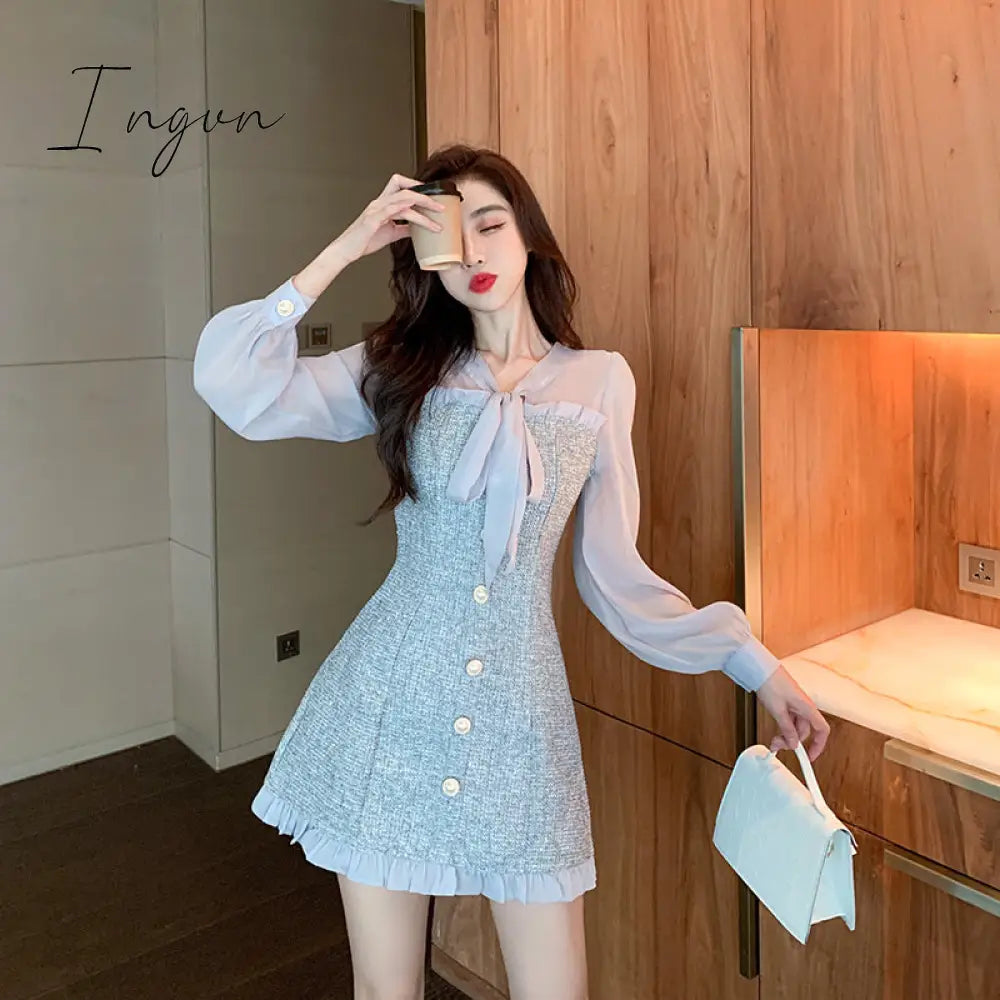 Ingvn - New Spring Vintage Sexy See-through Chiffon Patchwork Tweed Mini Dress Women Ribbon Bow Single-breasted Long Sleeve Party Dress