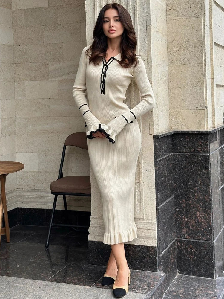Ruffled Patchwork Knit Maxi Dress For Women Elegant Ribbed Long Sleeve Party Dress Gown Slim Knitwear Fashion Long Dress