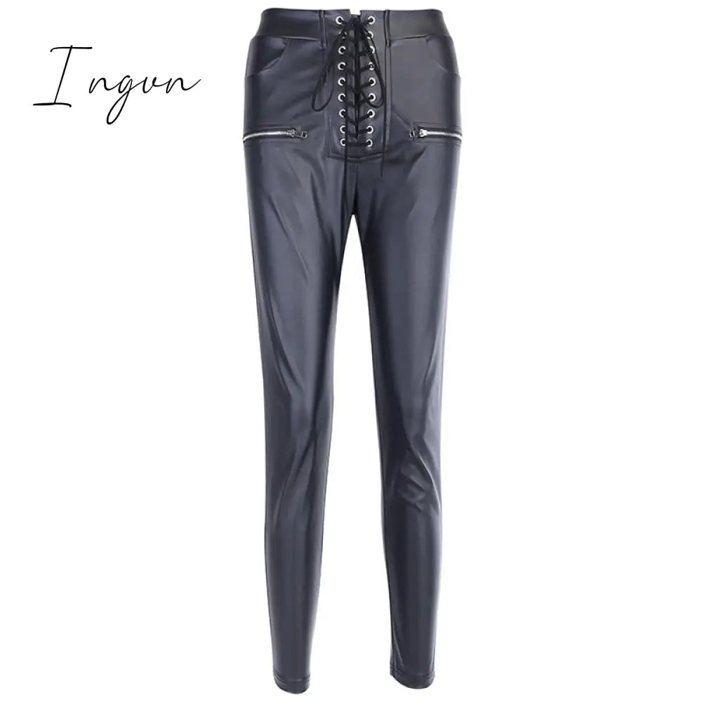 Ingvn - Leather Pant Faux PU Pencil Pant Lace Up High Waist Bandage Slim Skinny Zipper Streetwear Autumn Casual Trousers Women