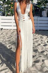 Sexy Solid Tassel Backless V Neck Sleeveless Dresses