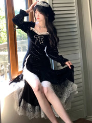 Vintage Mermaid Evening Dresses for Women Elegant Sequins Velvet Lace Patchwork Slit Party Dress Autumn Slim Fit Vestidos Mujer