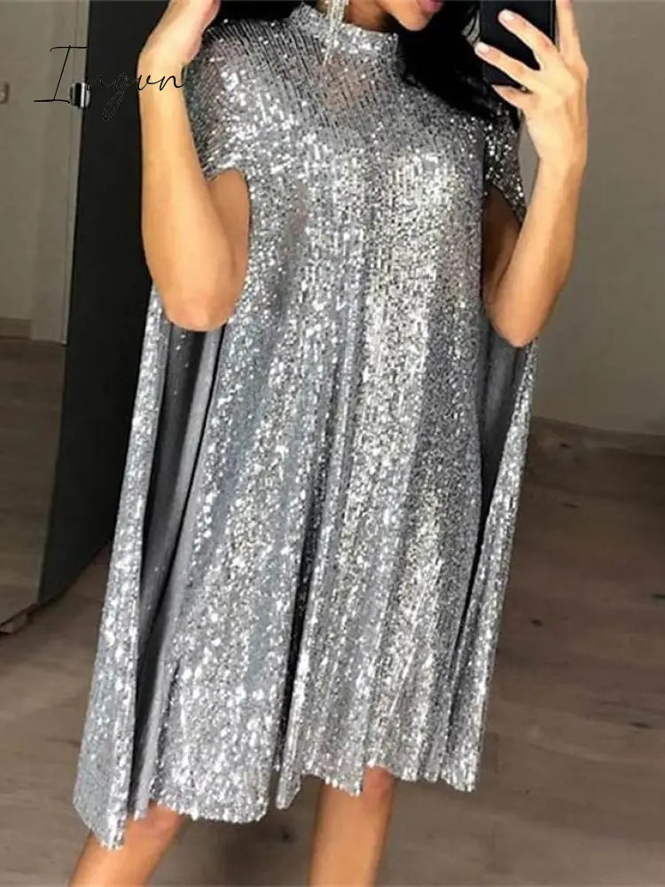 Ingvn - Women‘s Semi Formal Party Dress Sequin Dress Short Mini Dress Silver Gold Sleeveless Pure Color Sequins Split Spring Summer Crew Neck Stylish Elegant 2023 S M L XL XXL