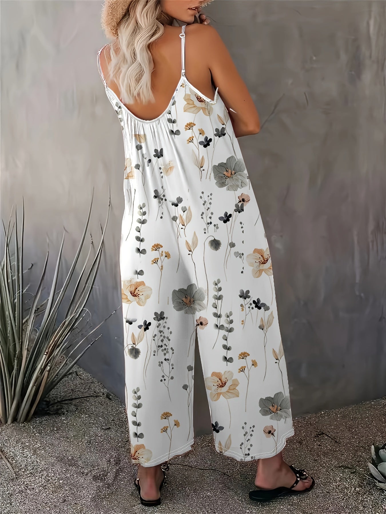 Floral Print Cami Jumpsuit, Casual Sleeveless Jumpsuit With Pockets For Spring & Summer, Women's Clothing