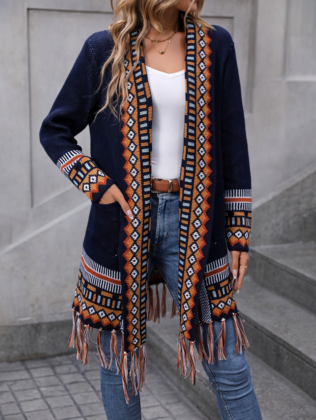 Vibrant Geo Pattern Tassel Hem Cardigan - Long Sleeve, Retro Ethic Style, Soft and Cozy, Perfect for Fall and Winter, Women's Fashion Clothing for Chic and Confident Ladies
