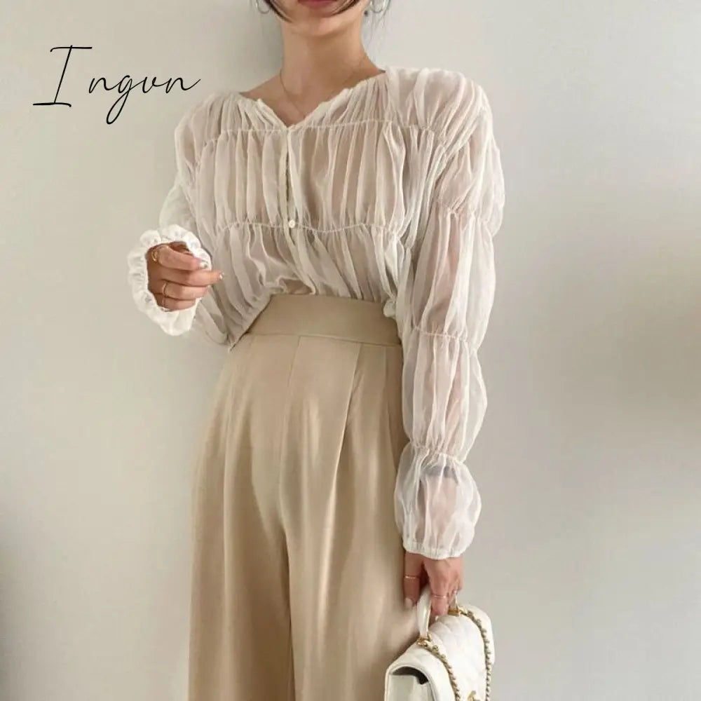 Ingvn - Korean Fashion Pleated Casual Blouse Women Summer New Loose Folds Perspective Chiffon Shirt Long Sleeve Tops Blusas Mujer 15624