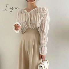 Ingvn - Korean Fashion Pleated Casual Blouse Women Summer New Loose Folds Perspective Chiffon Shirt Long Sleeve Tops Blusas Mujer 15624