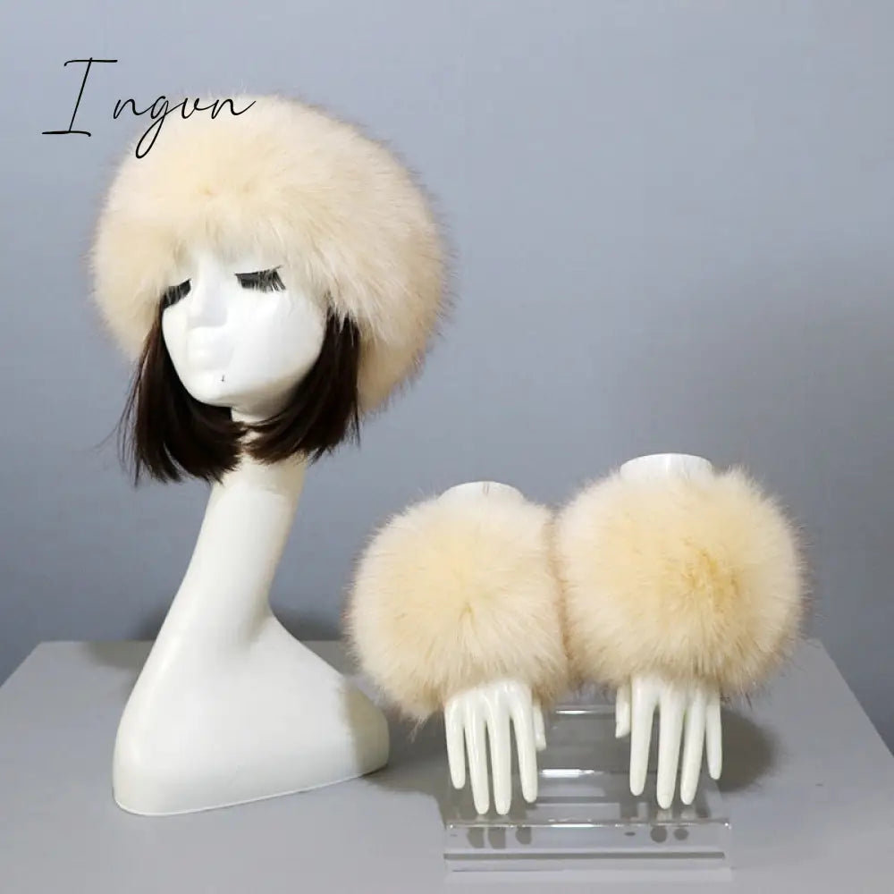 Ingvn - New Autumn Winter Caps Female Hats Cuffs Set Fashion Warmth Imitation Quality Design Faux Fur Hat Fox Fur Sleeves Suit Accessary