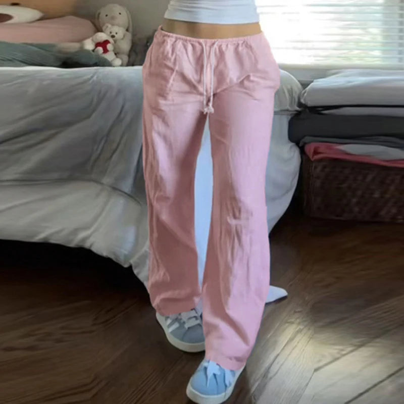 Drawstring Low Rise Pink Casual Pants y2k Basic See Through Pants y2k Aesthetic Straight Trousers for Women Korean Style