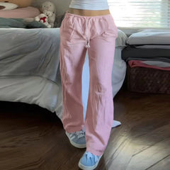 Drawstring Low Rise Pink Casual Pants y2k Basic See Through Pants y2k Aesthetic Straight Trousers for Women Korean Style