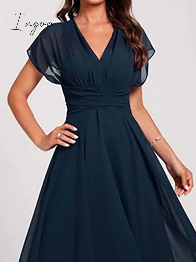 Ingvn - Women‘s Wedding Guest Dress Swing Dress Semi Formal Dress Midi Dress Blue Short Sleeve Pure Color Mesh Summer Spring Fall V Neck Wedding Guest Vacation Spring Dress S M L XL 2XL 3XL