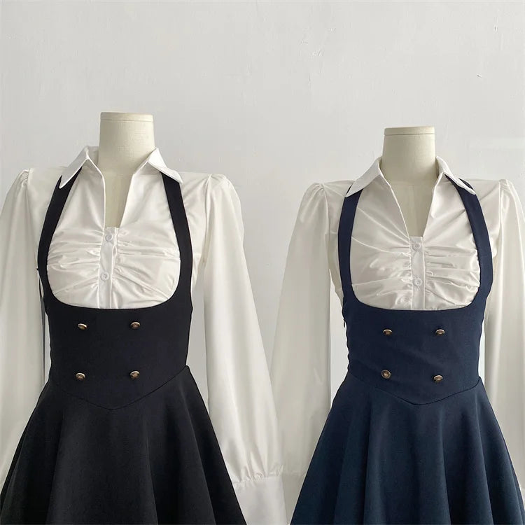 Voguable  Y2K 3 Piece Set Women Cropped Coat + Long Sleeve Shirt + High Waist Halter Ruffles Mini Dress Korean Chic Fashion Sexy Outfits