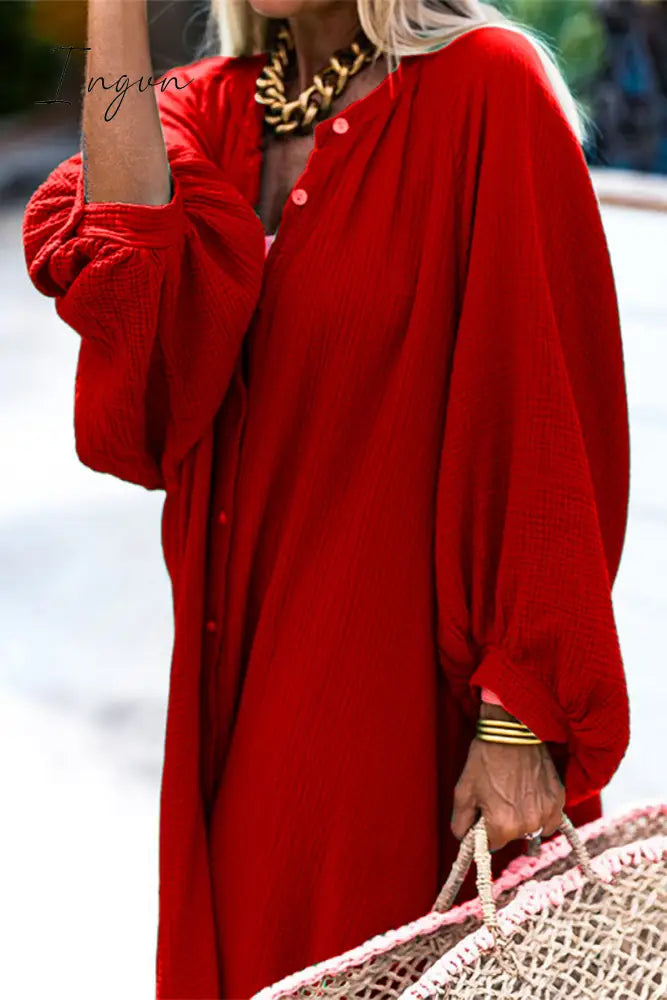 Ingvn - Casual Solid Buckle O Neck Long Sleeve Dresses(3 Colors)