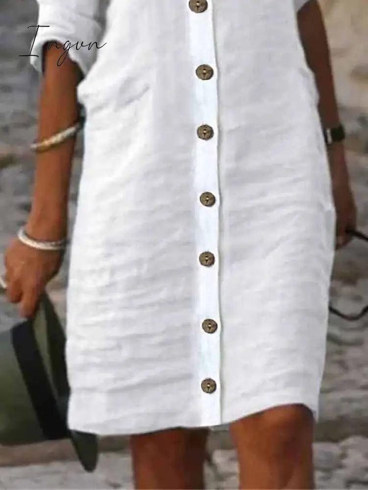Ingvn - Women's Shirt Dress Casual Dress Cotton Linen Dress Midi Dress Cotton Blend Fashion Basic Outdoor Daily Shirt Collar Button Half Sleeve Summer Spring Fall 2023 Regular Fit Black White Green Plain S M