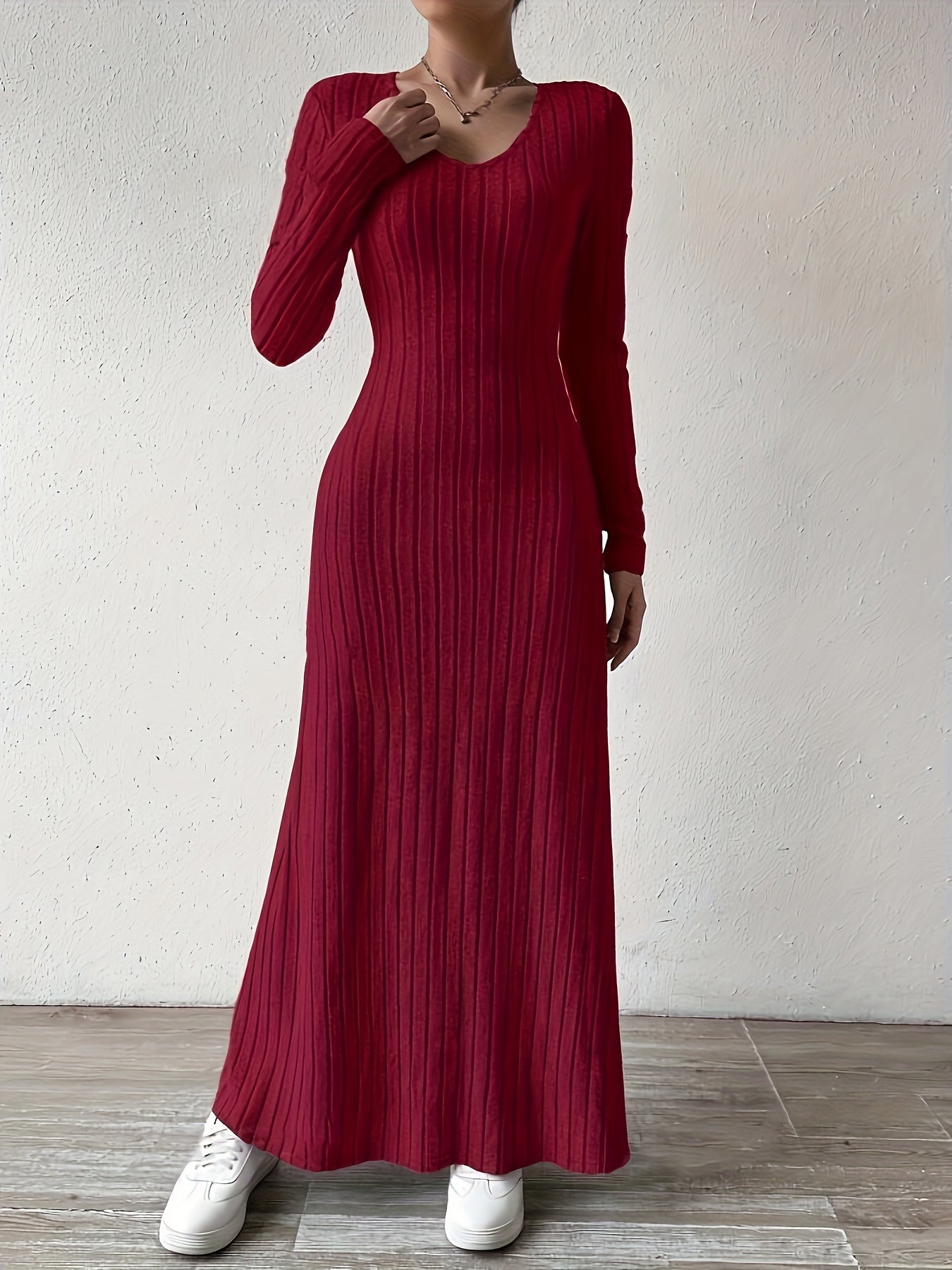 Long Sleeve Ankle Ribbed Crew Neck Sweater Dress for Fall & Winter, Elegant Women's Clothing