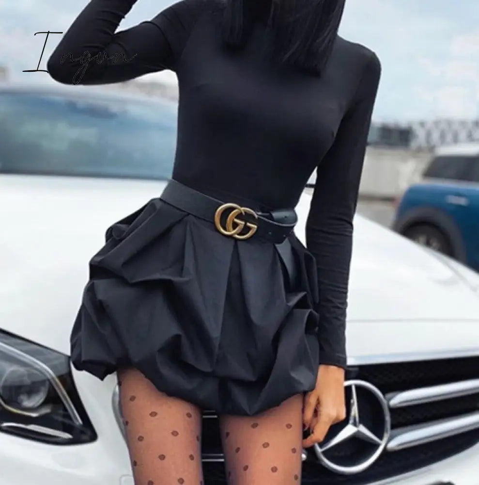 Ingvn - Solid Long Sleeve Mini Bud Dress  Party Dress  Black Dress Women Dress