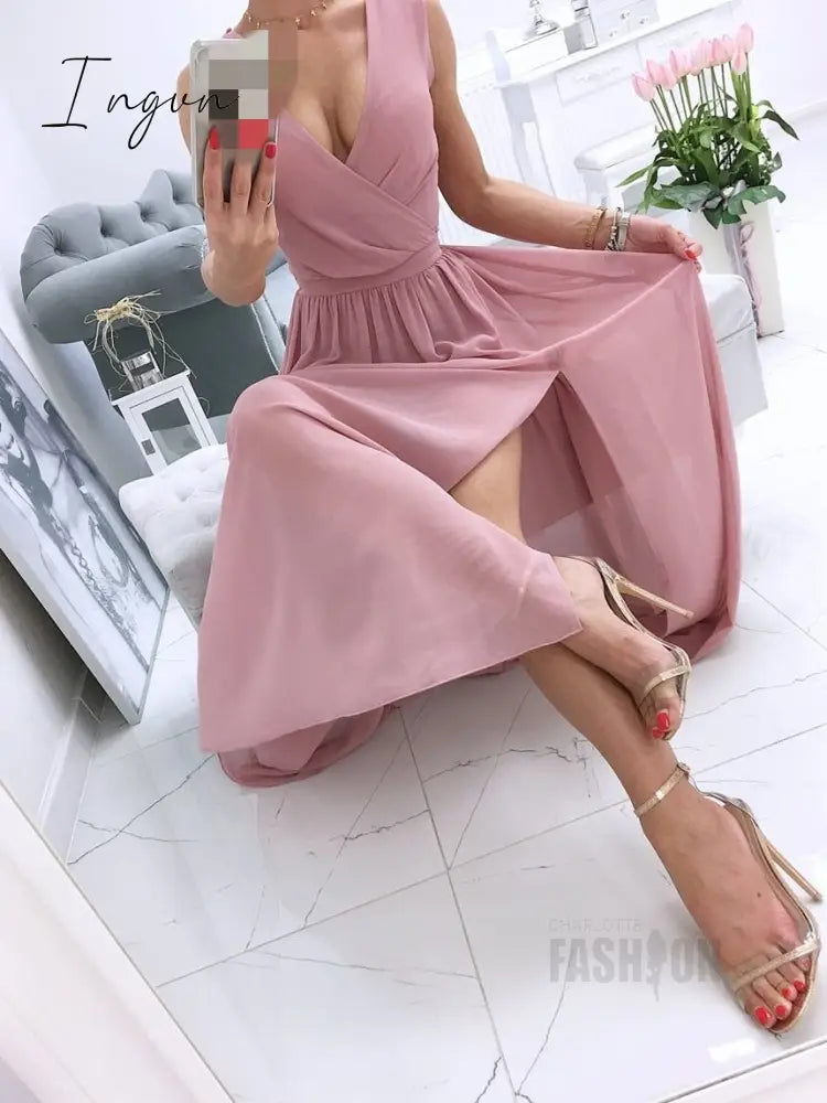 Ingvn - Sexy Long Evening Dress Elegant Dress For Women V-neck Side Split Party Dresses Female Summer Fashion Casual Club Ladies Clothes
