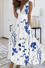 Casual Print Patchwork V Neck Sleeveless Dresses(4 Colors)