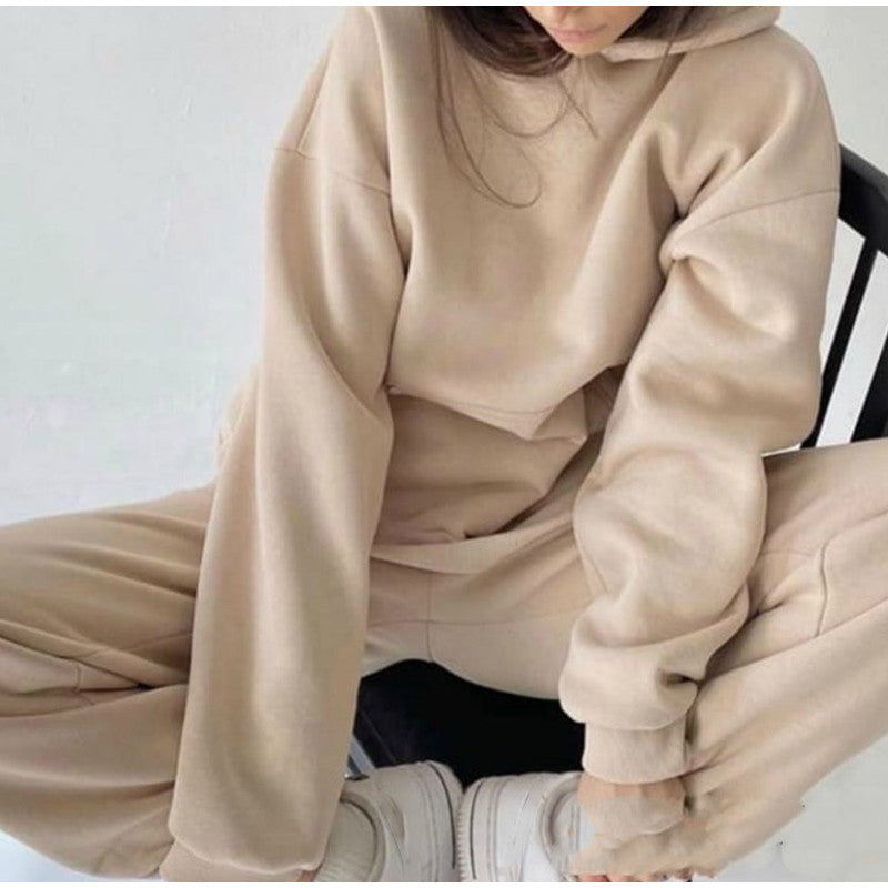 Women's Tracksuit Autumn Plus Fleece Sweatshirts Two Piece Set Casual Oversized Solid Female Sports Hoodie Suit Long Pant Sets