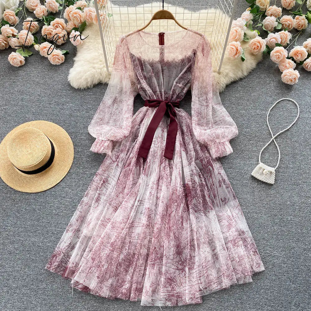 Ingvn - Elegant Women Mesh Dress Vintage Lantern Sleeves Printed Party Dresses Spring Summer Patchwork A Line Bandage Beach Dress