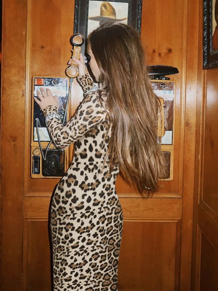 Leopard Print Turtleneck Long Sleeved High Waist Slim Fit Sexy Maxi Dress For Woemn Bodycon Elegant Club Party Dress