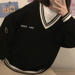 Ingvn - 2023 Fashion Trends Sweaters Women Ulzzang Letter Chic Vintage V-neck Daily Oversize Preppy Girls Knitwear Fall Casual All-match Ins Womens Sweater