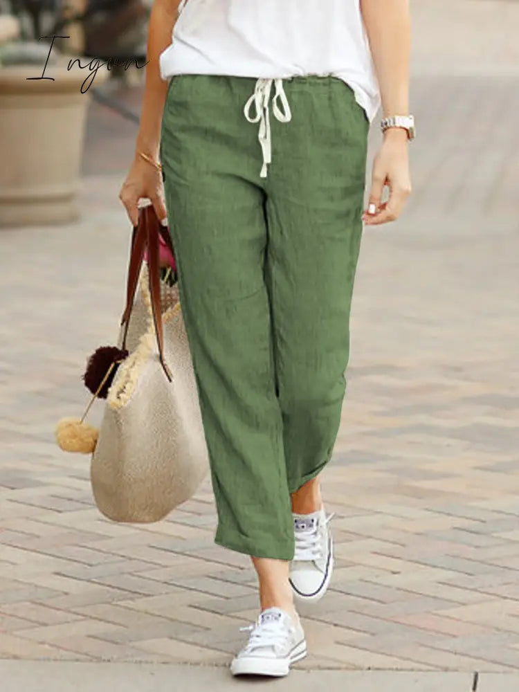 Ingvn - Summer Capri Pants Pockets Drawstring Casual Pants