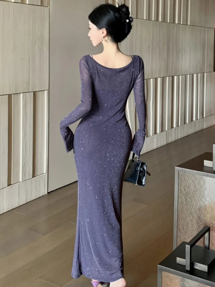 Women's Dress Suits Slash Neck Off Shoulder Spaghetti Straps Party Dresses +  Long Sleeve Bright Silk Mesh Smock Two Pieces Set
