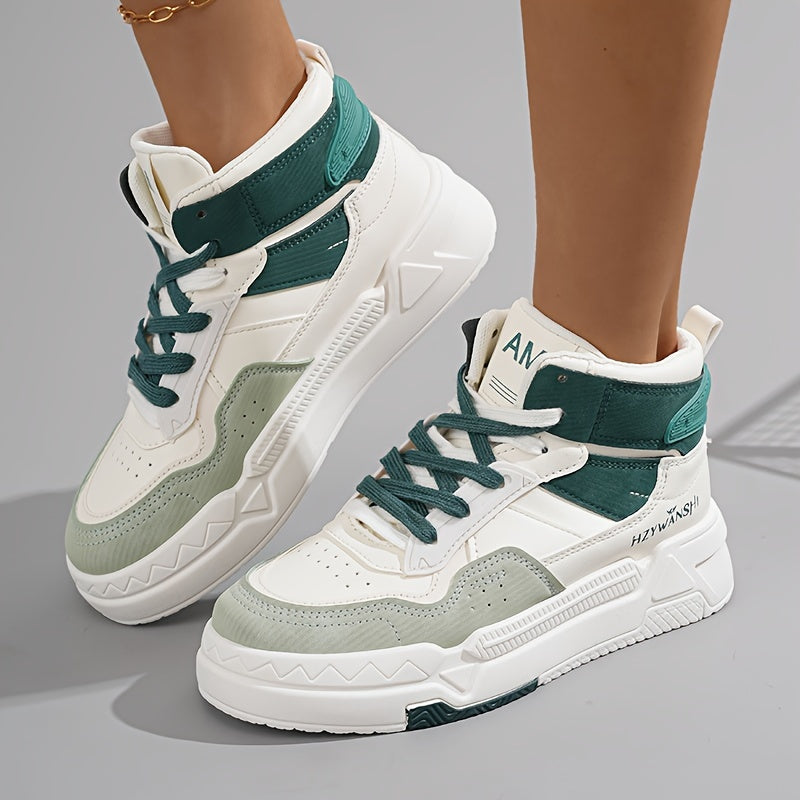 Trendy Women's High-Top Sneakers - Versatile White, Lace-Up Casual Shoes with Thick Sole, Breathable PU Cover & Comfort Fabric