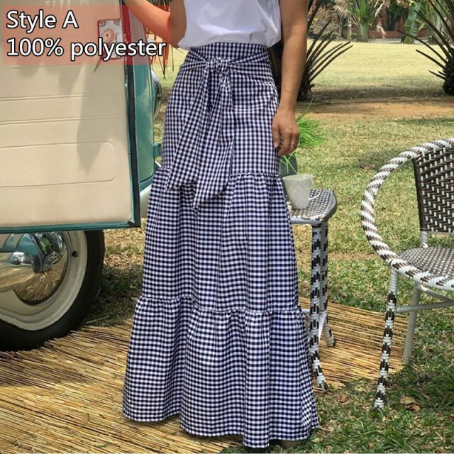 Long Skirts Women  Autumn Celmia Vintage High-Waist Female Skirts Casual Plaid Check Loose Printed Belted Pleated Maxi Skirt