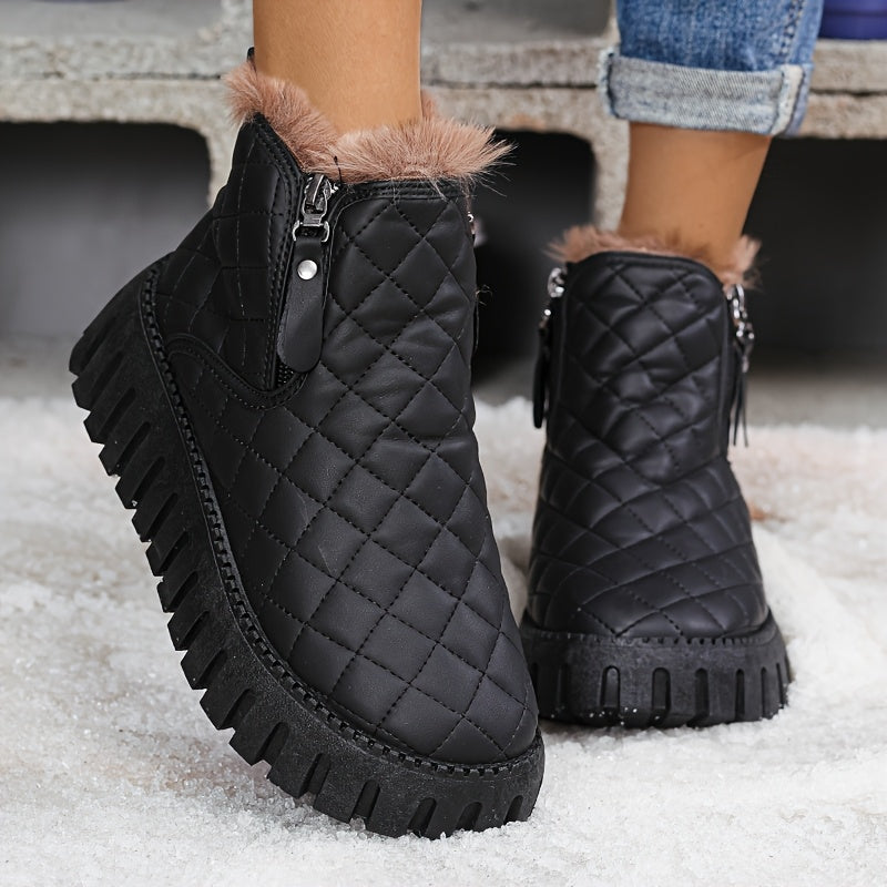 1pr Winter Warm Fleece-Lined Ankle Boots for Women - Casual Solid Color Round Toe Zippered Comfort Boots with Low Platform Heel, Non-Slip Rubber Sole, Fabric Insole - PU Upper, Fabric Lining - Thick Warm Snow Boots