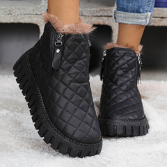 1pr Winter Warm Fleece-Lined Ankle Boots for Women - Casual Solid Color Round Toe Zippered Comfort Boots with Low Platform Heel, Non-Slip Rubber Sole, Fabric Insole - PU Upper, Fabric Lining - Thick Warm Snow Boots