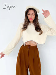 Ingvn - Loose Rhinestone Women Crop Top 2023 Spring Long Sleeve O-neck Tassel Hem Female T-shirt Casual Chic Streetwear Lady Tshirt