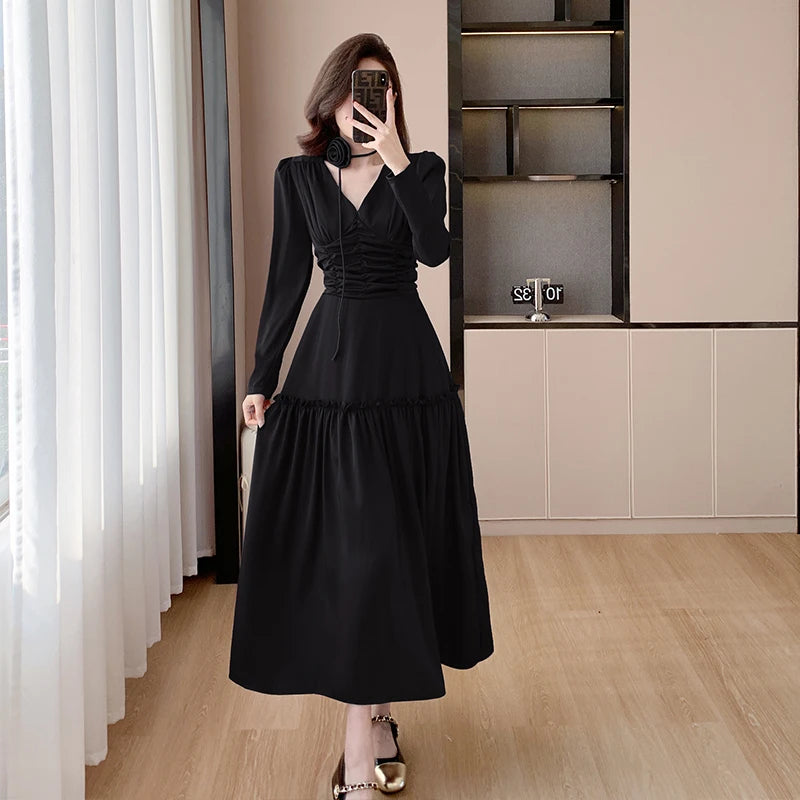 Autumn New Elegant Chic Satin Midi Dresses for Women Fashion V-neck Long Sleeve Pleated Ruffles Prom Party Female Clothing