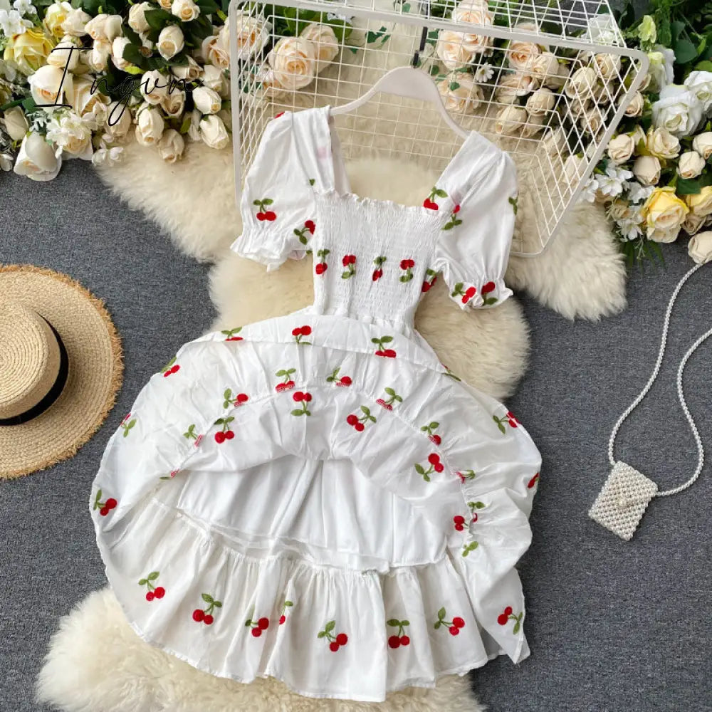 Ingvn - Strawberry Dress Cherry Kawaii Embroidery Puff Sleeve Dress Women Vintage White Square Neck Beach Dresses Korean Clothes