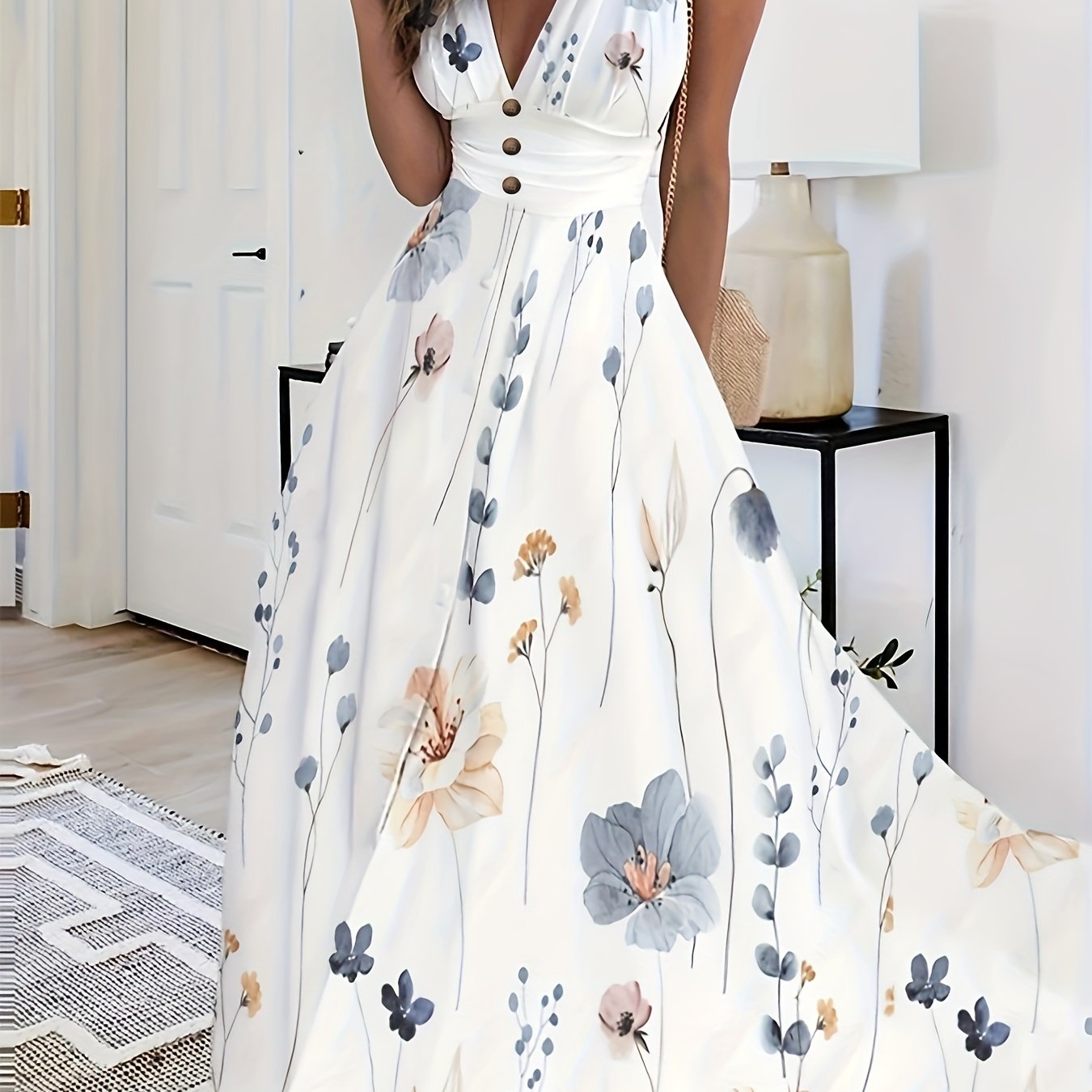 Floral Print Sleeveless Dress, Boho V Neck Simple Maxi Dress, Women's Clothing