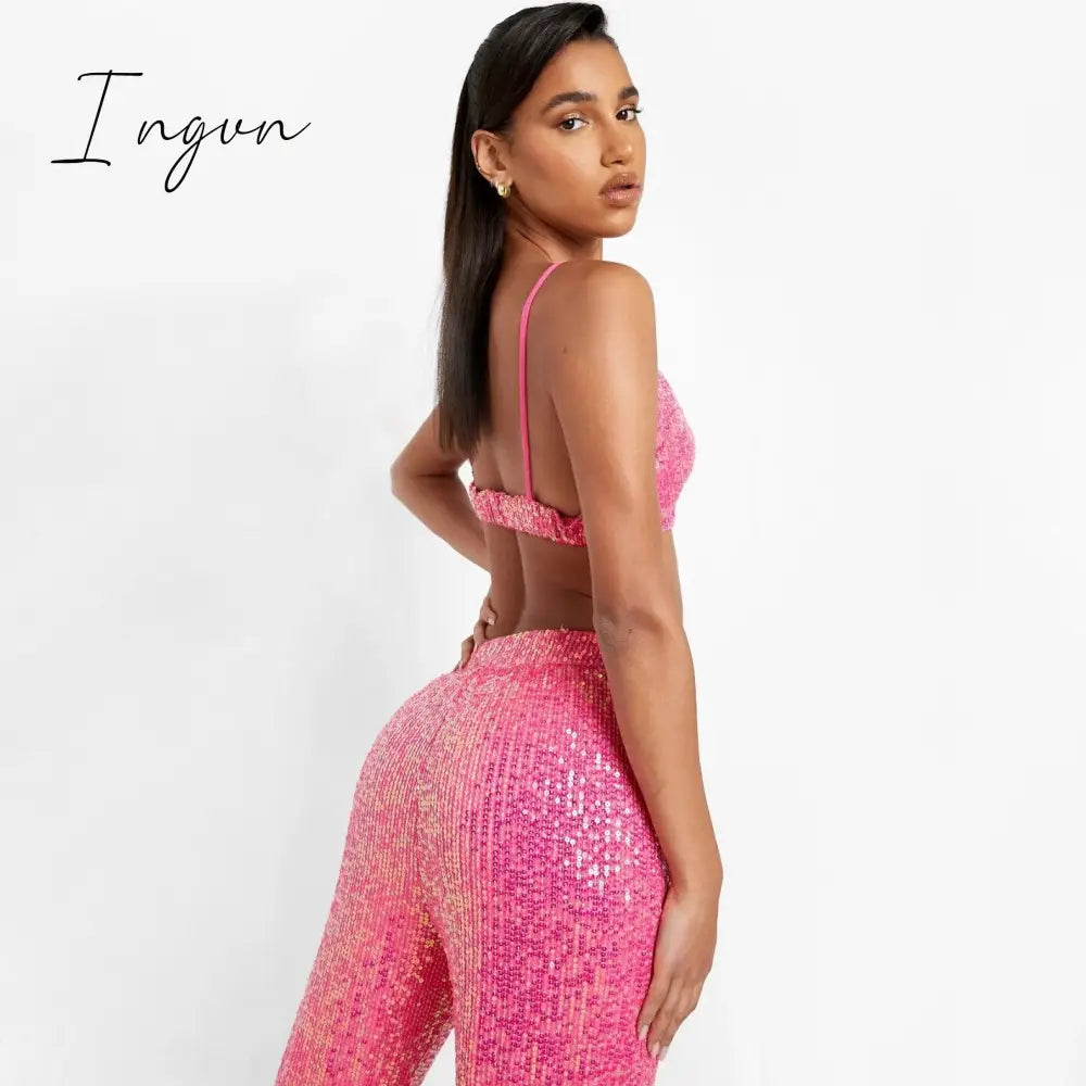 Ingvn - Sparkly Two-piece Set Party Outfits For Womens Sequin Top Blouse Shirt And Pants Suit Female Luxury Evening Tracksuit New