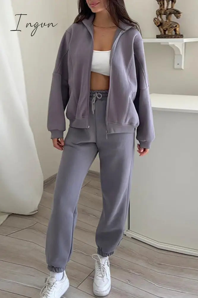 Ingvn - Casual Simplicity Solid Draw String Hooded Collar Long Sleeve Two Pieces
