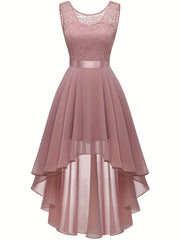 Contrast Lace Asymmetric Hem Wedding Dress, Elegant Solid Bow Waist Tank Dress For Party & Banquet, Homecoming Dress, Women's Clothing