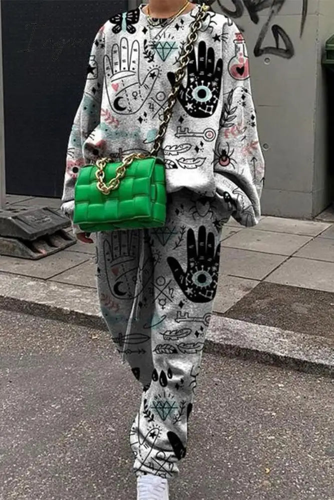 Ingvn - Casual Print Patchwork O Neck Long Sleeve Two Pieces