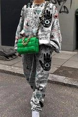 Ingvn - Casual Print Patchwork O Neck Long Sleeve Two Pieces