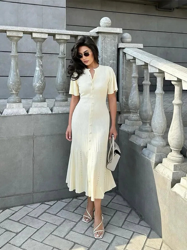 Elegant Women Hollow Out Knitted Maix Dress Short Sleeved Single Breasted Slim Dresses Fashion Solid Female Commuting Robes