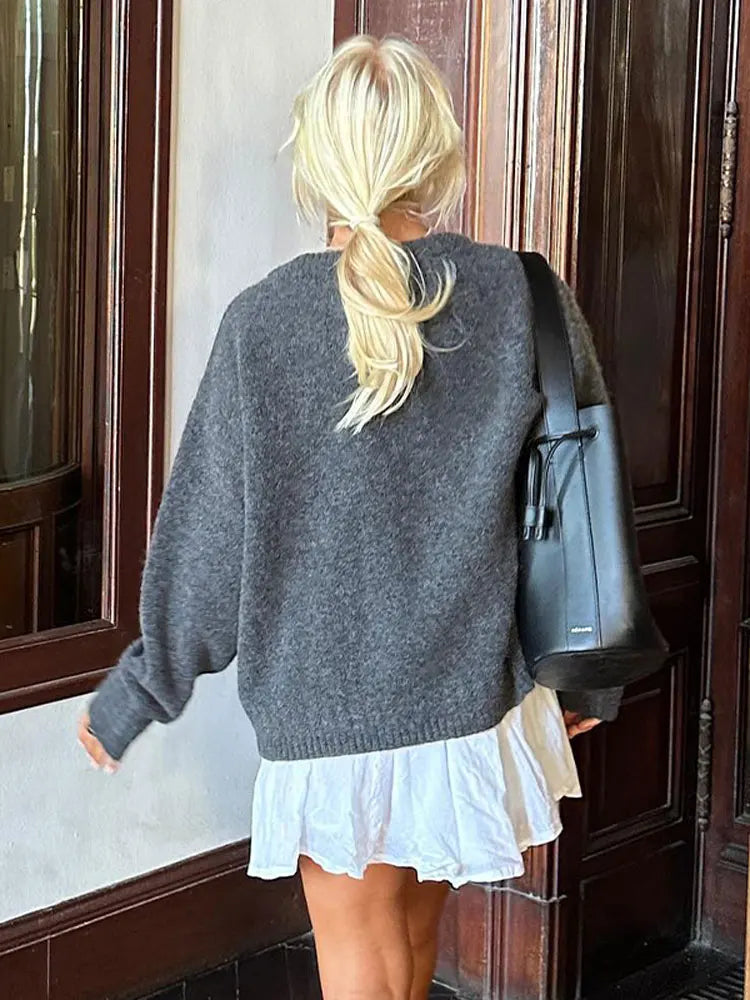 Solid Knit O-neck Elegant Women Pullover Long Sleeve Oversized Loose Soft Warm Sweater  Autumn Chic Casual Office Knitwears