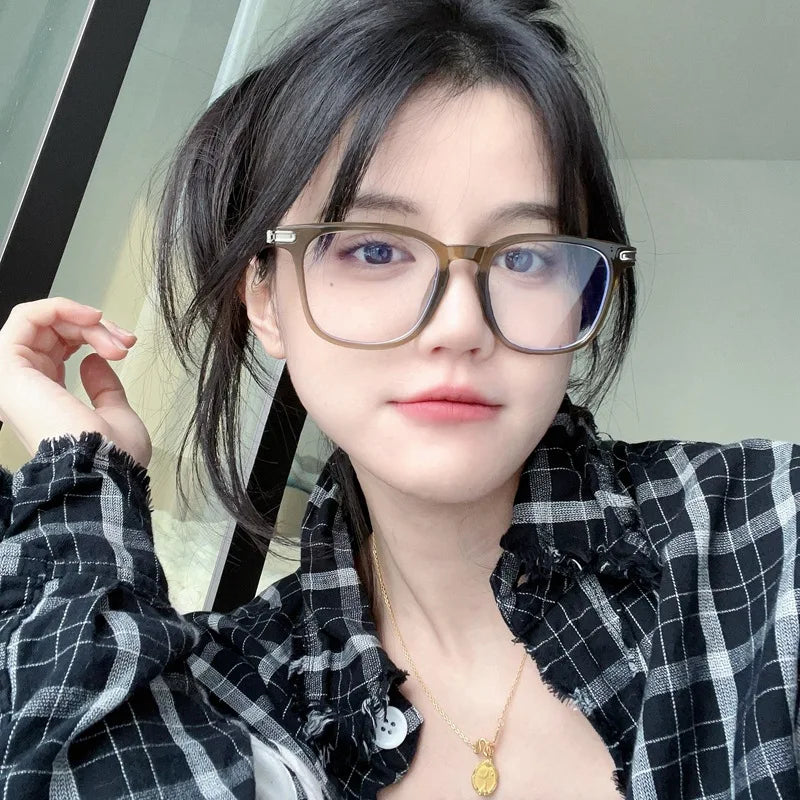 INGVN  Korean Tea Square Glasses Frame Women Lovely Ins No Makeup Plain Glasses Men Eyewear Cute Decorative Computer Glasses
