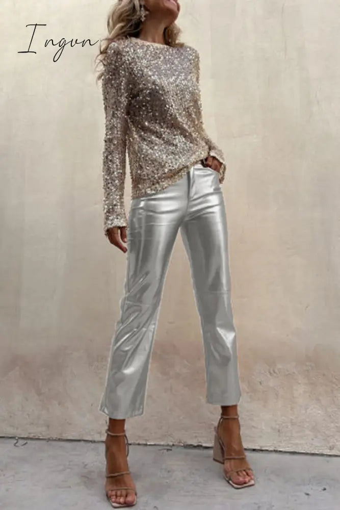 Ingvn - Sinclair Metallic Faux Leather High Rise Pocketed Straight Pants
