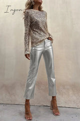 Ingvn - Sinclair Metallic Faux Leather High Rise Pocketed Straight Pants