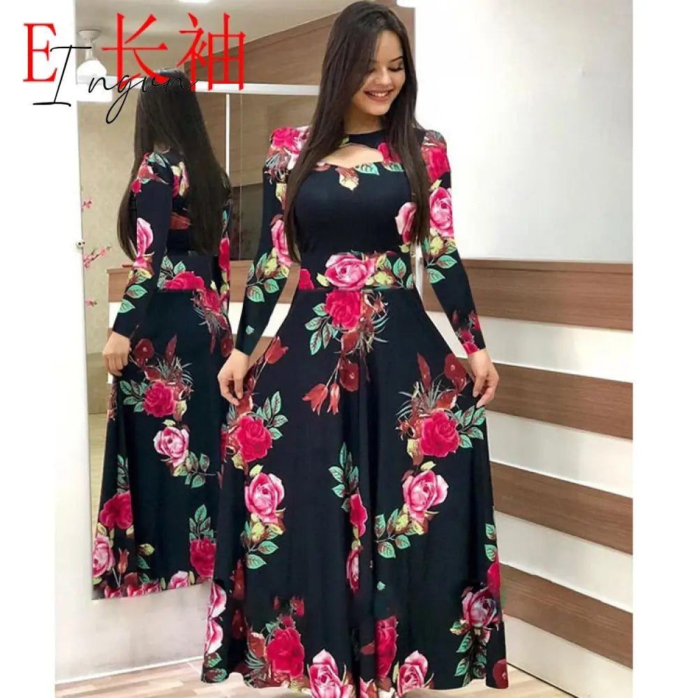 Ingvn - S- 5XL Plus Size Elegant Oversized Tunic Women Dress Bohmia Flower Print Maxi Dresses Fashion Hollow Out Long Vestidos