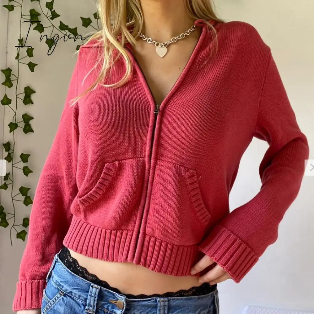 Ingvn - Women’s Full Zip Knit Hoodies Casual Sweaters Solid Color Long Sleeve Drawstring Sweatshirts Cardigan Zip-up Y2K Clothing